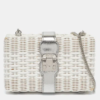 Pre-owned Mark Cross White/siler Woven Rattan And Patent Leather Chain Clutch