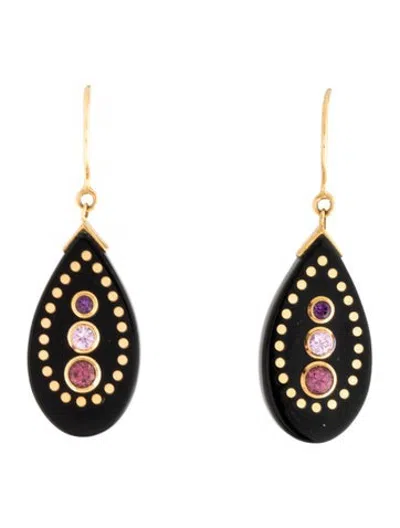 Pre-owned Mark Davis 18k Amethyst, Sapphire & Rhodolite Bakelite Drop Earrings In Black