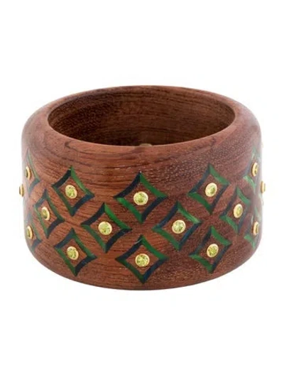 Pre-owned Mark Davis 18k Peridot, Bakelite, & Wood Bangle Bracelet, 7.5" In Blue/green