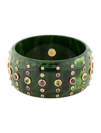 Pre-owned Mark Davis 18k Peridot, Garnet And Bakelite Bangle, 7.5" In Green