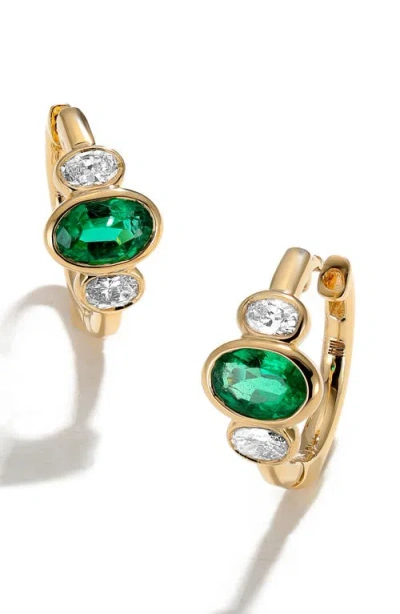 Mark Henry Three Stone Oval Cut Emerald & Diamond Huggie Hoop Earrings In Green