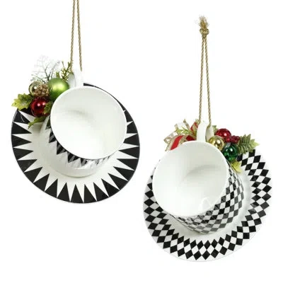 Mark Roberts Cup And Saucer With Deco Ornament - 6 Inches Set Of 2 In Black;white;green;red;gold