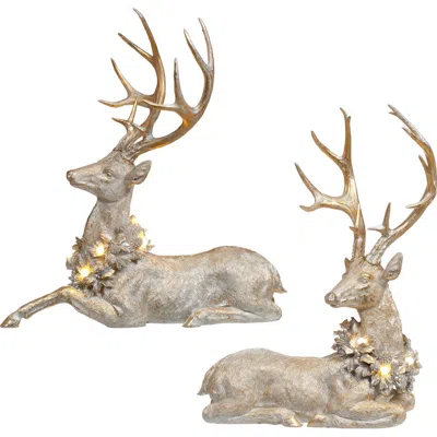 Mark Roberts Deer With Led Wreath, Set Of 2 In Gold