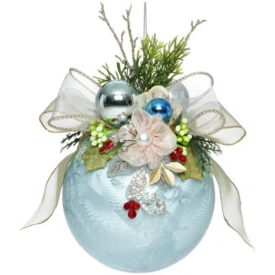 Mark Roberts Floral Jeweled Ball Ornament, Frosted, Light Blue - 6 Inches In Blue;white;green;red;gold;silver