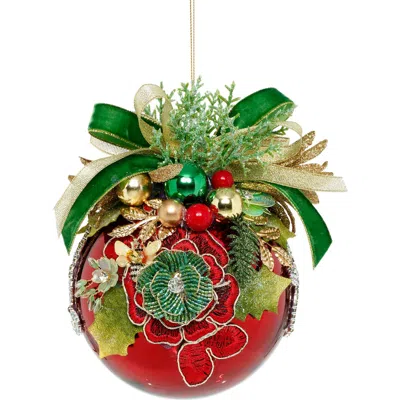 Mark Roberts Floral Jeweled Ball Ornament, Shiny, Red