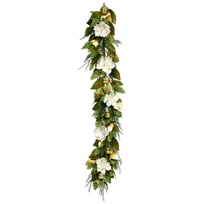 Mark Roberts Glittered Magnolia Garland - 72 Inches In White,green,gold