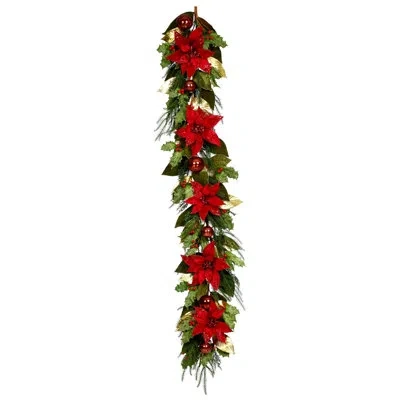Mark Roberts Glittered Poinsettia Garland - 72 Inches In Red
