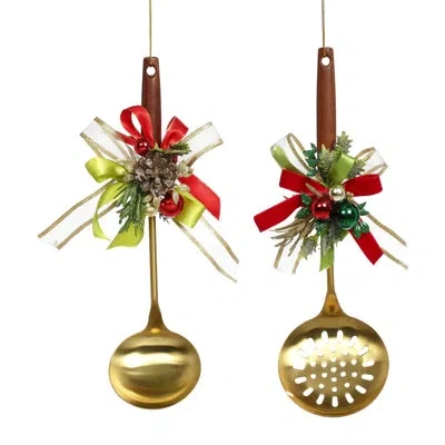 Mark Roberts Gold Spoon With Deco Ornament - 15.5 Inches Set Of 2 In Brown;green;red;gold