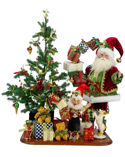 Mark Roberts Handmade Santa & Elf Delivering Present In Multi