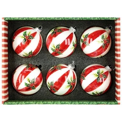 Mark Roberts Holly Stripe Ornament, Box Of 6- 4 Inches In Red
