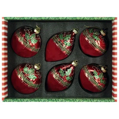 Mark Roberts Holly Trim Velvet Ornament, Box Of 6- 4-5 Inches In Red