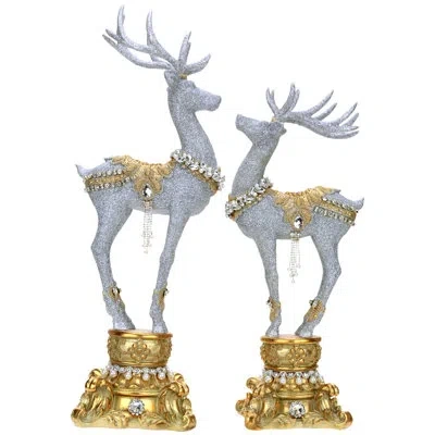 Mark Roberts Jeweled Deer On Pedestal -18-22 Inches Set Of 2 In White