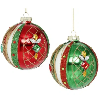 Mark Roberts Jeweled Harlequin Ball Ornament - 4 Inches Set Of 6 In White;green;red;gold