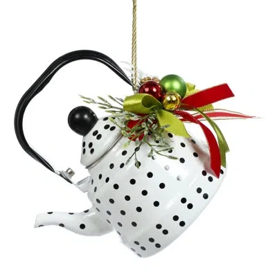 Mark Roberts Polka Dots Teapot With Deco Ornament - 8 Inches In Black;white;green;red;gold