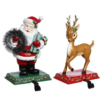 Mark Roberts Santa And Deer Stocking Holder  10-11 Inches Set Of 2 In Brown;white;green;red