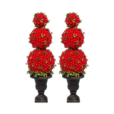Mark Roberts Triple Ball Berry Topiary, Set Of 2 In Red