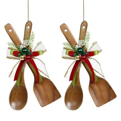 Mark Roberts Turner Spoons With Deco Ornament - 13 Inches Set Of 2 In Brown;green;red;gold