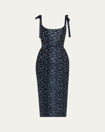 Markarian Acacia Floral Jacquard Bow-shoulder Midi Dress In Blue