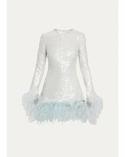 Markarian Althea Feather-trim Sequined Long-sleeve Mini Dress In Blue