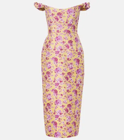 Markarian Amara Floral Off-shoulder Brocade Midi Dress In Yellow
