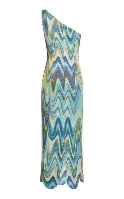 Markarian Angie Metallic Wave One-shoulder Panel Midi Dress In Blue