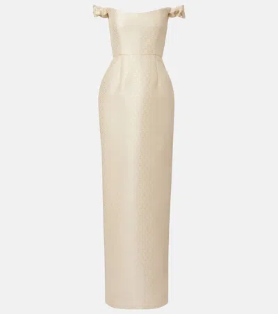 Markarian Bridal Yolanda Brocade Off-shoulder Gown In Brown