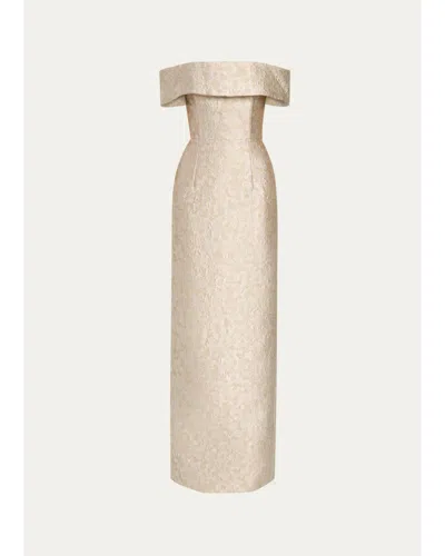 Markarian Clover Metallic Floral Jacquard Off-the-shoulder Column Gown In Silver Metallic