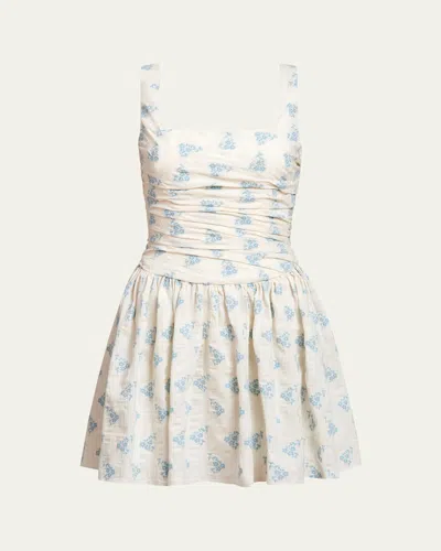 MARKARIAN DAPHNE FLORAL STRIPE RUCHED FIT-FLARE MINI DRESS