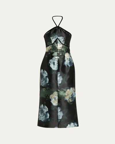 Markarian Domino Metallic Watercolor Halter Midi Dress In Multi