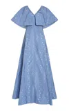 Markarian Eloise Ruffled Floral Taffeta Caplet Gown In Blue