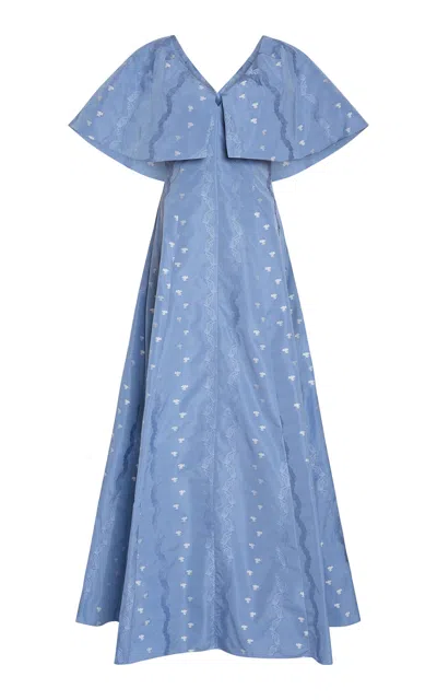 Markarian Eloise Ruffled Floral Taffeta Caplet Gown In Blue