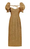 Markarian Farrah Brocade Puff-sleeve Column Midi Dress In Gold