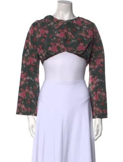 Pre-owned Markarian Floral Print Crew Neck Crop Top In Green