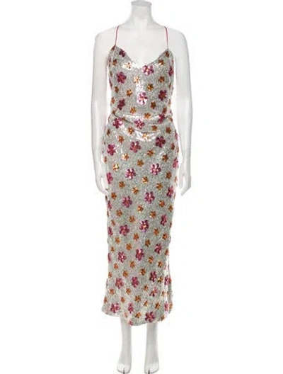 Pre-owned Markarian Floral Print Long Dress W/ Tags In Silver