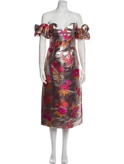 Pre-owned Markarian Floral Print Midi Length Dress In Silver