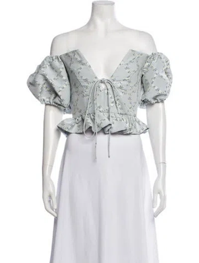 Pre-owned Markarian Floral Print Off-the-shoulder Crop Top In Blue