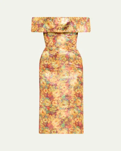 Markarian Gloria Metallic Floral Jacquard Off-the-shoulder Dress In Gold