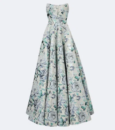 Markarian Laila Floral Brocade Bustier Gown In Blue