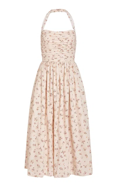 Markarian Leia Ruched Cotton Eyelet Midi Halter Dress In Animal Print