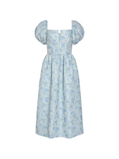 Markarian Lilian Floral-brocade Puffed-sleeve Midi Dress In Blue