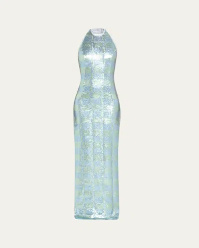 Markarian Nerine Gingham Sequined Halter Column Gown In Blue
