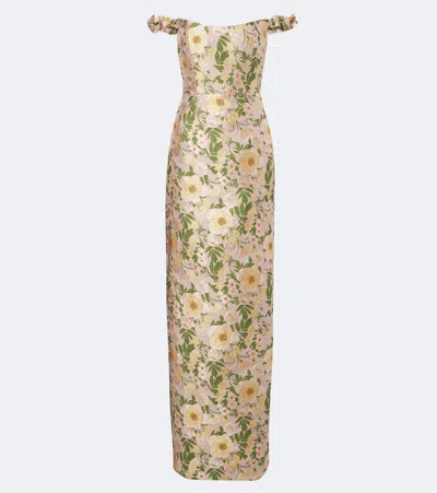 Markarian Off-shoulder Floral Brocade Gown In Sand