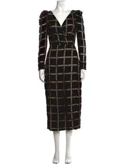 Pre-owned Markarian Plaid Print Midi Length Dress In Black