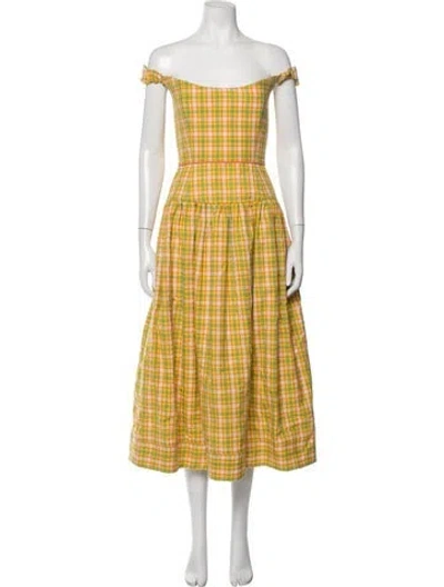 Pre-owned Markarian Plaid Print Midi Length Dress In Yellow