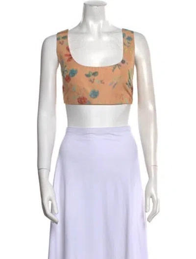 Pre-owned Markarian Printed Square Neckline Crop Top In Yellow