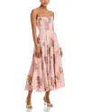 Markarian Rousseau Light Pink Cross Stitch Floral Linen Strapless Midi Dress In Pink