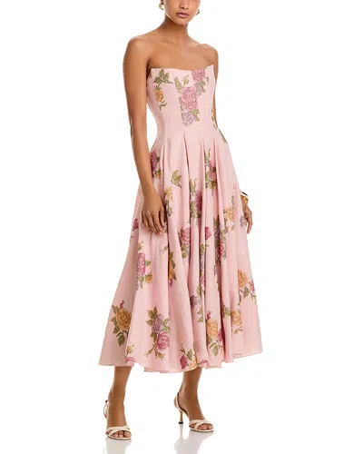 Markarian Rousseau Light Pink Cross Stitch Floral Linen Strapless Midi Dress