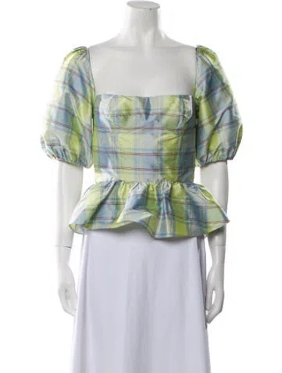 Pre-owned Markarian Silk Plaid Print Top In Green