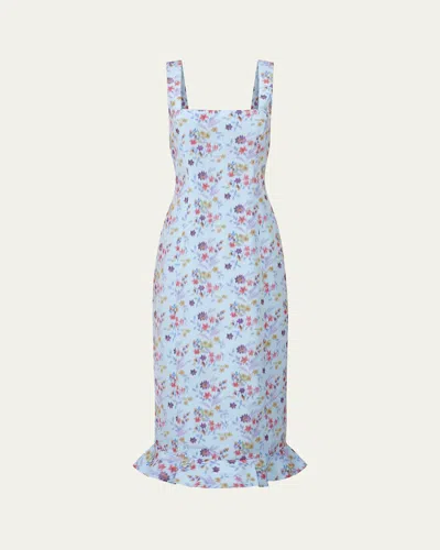 Markarian Tabitha Floral Ikat Corset Flounce Hem Dress In Blue/pink