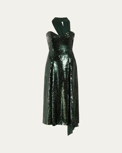Markarian Veronica Sequined Strapless Dress With Neck Scarf In Emerald